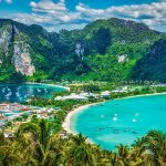 Travel vacation background - Tropical island with resorts - Phi-Phi island, Krabi Province, Thailand