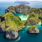 Aerial drone view of tropical Ko Phi Phi island, beaches and boa