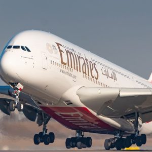 Munich, Germany - February 16, 2019: Emirates Airbus A380 airplane at Munich airport (MUC) in Germany. Airbus is an aircraft manufacturer from Toulouse, France.