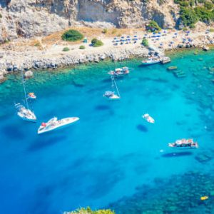 Aerial view of Anthony Quinn bay with boats (Rhodes, Greece)