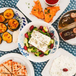 Traditional Greek Starters on the table, view from above